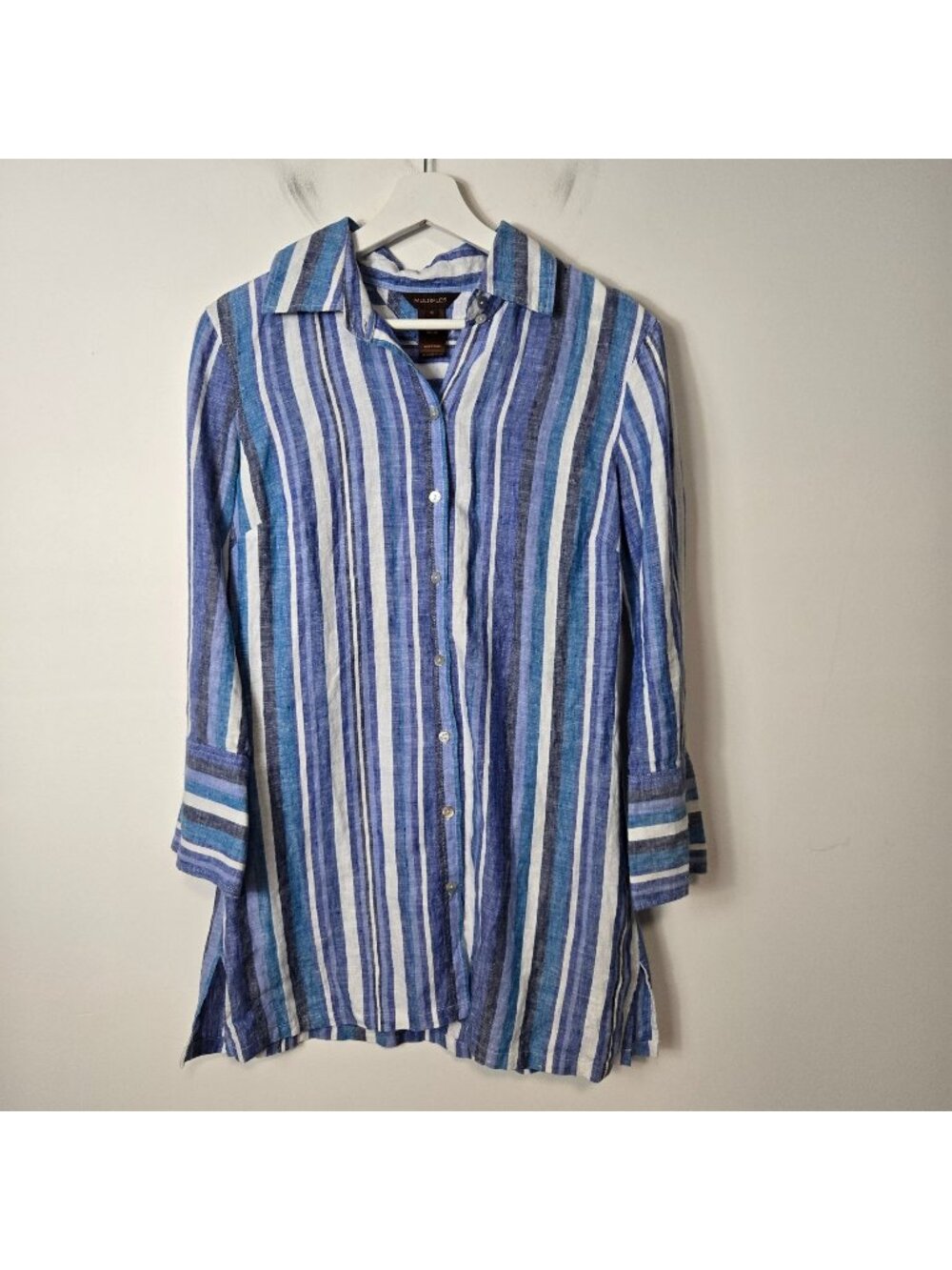 Multiples Women's Size S Linen Blue Striped Button-Up Tunic Shirt Long Sleeves